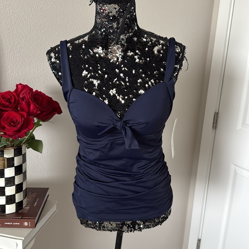 Anne Cole Navy Ruched swim Top